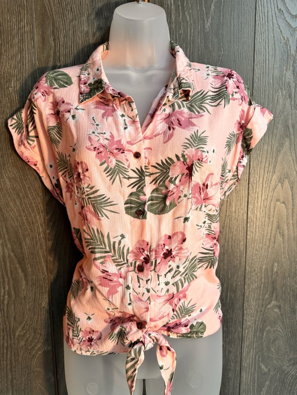 Floral Tie Front Button Down Top Pink Tropical Blouse Size Large
